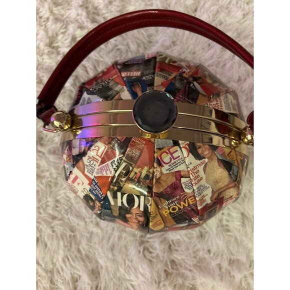 Michelle Obama Collage Round Handbag With Red Handle & Gold Accents - Statement - Picture 13 of 16